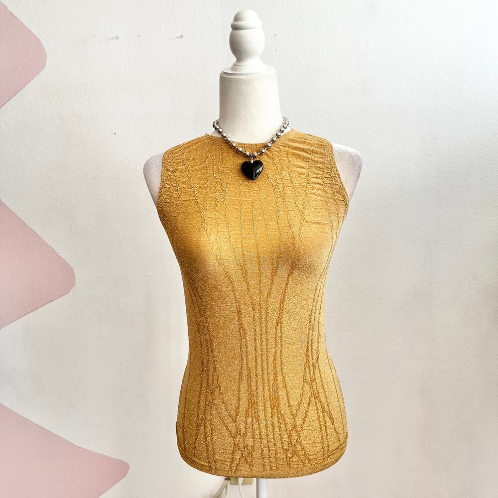 Vintage Y2K Gold Glitter Tank Top 2000s Glam Indie Sleaze Small